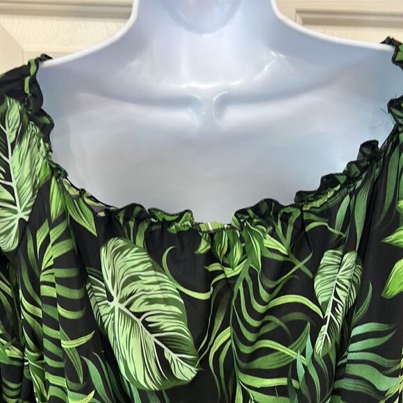 Shein XL Tropical Palm Short Romper Flowing Dress On Off Shoulder Elastic Chest - Picture 7 of 8
